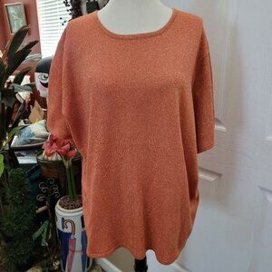Susan Graver Pumpkin Orange Knit Top Popover Plus Size 2X Gold Metallic